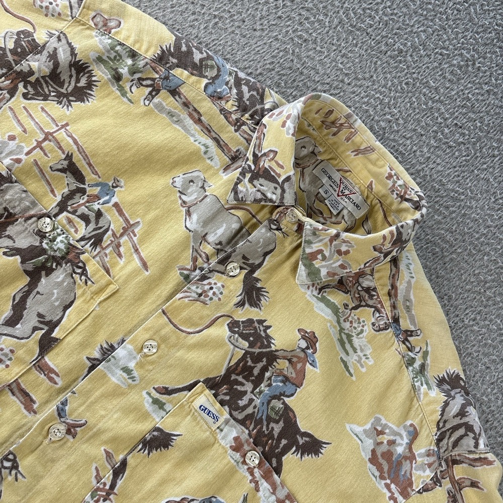 Vintage Guess Shirt Mens Small Western Cowboy All Over Print AOP Yellow Made USA